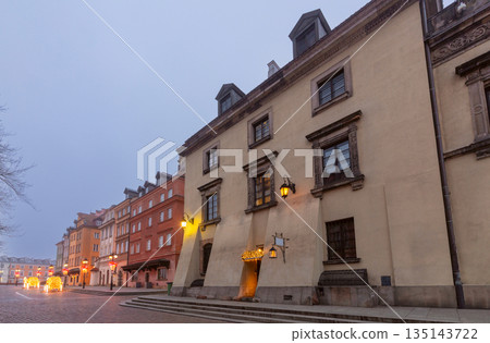 Old Town Street in Warsaw Poland with Christmas Lights 135143722