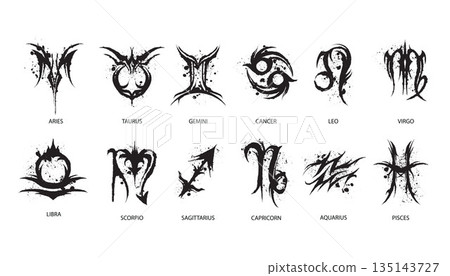 Horoscope zodiac sign set vector dark Neo tribal astrology symbol celestial grunge splash tattoo art Horoscope zodiac sign set vector dark Neo tribal astrology symbol celestial grunge splash tattoo art 135143727