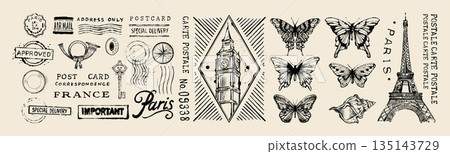 Postal stamp, vintage ink postage print, hand drawn antique mail illustration grunge collage set. Postal stamp, vintage ink postage print, hand drawn antique mail illustration grunge collage set. 135143729