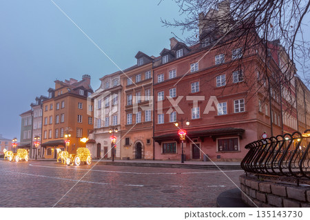 Old Town Street in Warsaw Poland with Christmas Lights Old Town Street in Warsaw Poland with Christmas Lights 135143730
