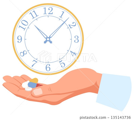 Doctors hand holds pills and capsules with medicine against background of clock. Time to take drugs. Timepiece dial. Medical treatment. Medicament dose. Remedy for patient. Vector concept 135143736