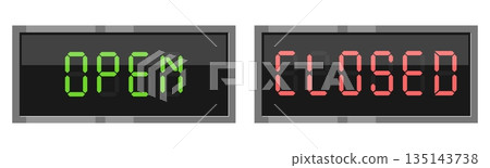 Electronic board with text open and closed. Come word. Letter panel. Digital display frame. Information signboard. Welcome notice. Diode font. Door label. Vector electric screen words set Electronic board with text open and closed. Come word. Letter panel. Digital display frame. Information signboard. Welcome notice. Diode font. Door label. Vector electric screen words set 135143738