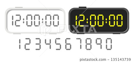 Electronic clock with white and black screen and electronic numbers. Touchscreen symbols. Timepiece interface. Watch display with minute signs. Time countdown. Vector timer dial digits set 135143739