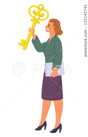Girl holds golden key in hand. Secret protection. Business information security. Protect privacy. Businessman with big latchkey opener. Password encryption. Job solution. Vector concept Girl holds golden key in hand. Secret protection. Business information security. Protect privacy. Businessman with big latchkey opener. Password encryption. Job solution. Vector concept 135143745