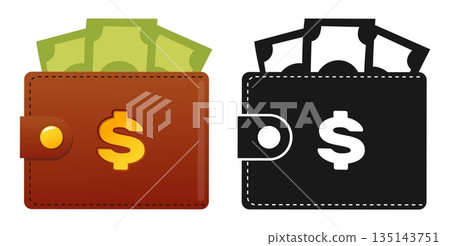Leather wallet with paper bills and dollar sign. Black silhouette icon. Financial success. Cash banknotes in pouch. Banking payment. Rich businessman profit. Vector money purses set 135143751