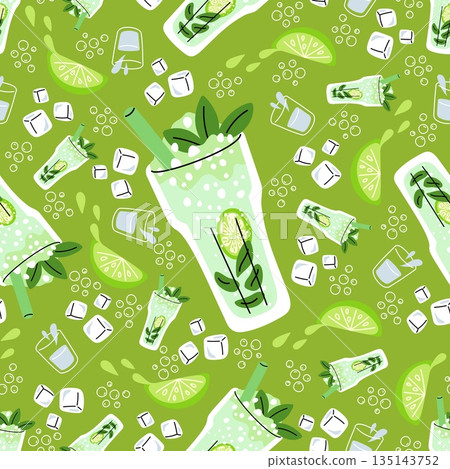 Lemonade in large glass with lime slices, mint leaves and ice cubes seamless pattern. Mojito cocktail. Repeated print. Summer fresh fizzy drink. Refreshing beach beverage. Vector background 135143752