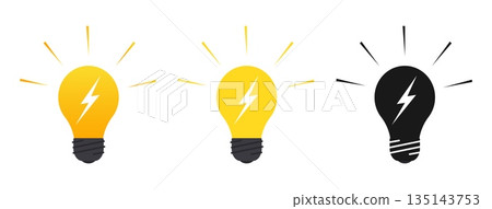 Light bulb symbol with lightning bolt inside. Electric lamp shine. Idea solution and inspiration. Electrical energy. Illuminated lightbulb. Color or black silhouette vector icons set Light bulb symbol with lightning bolt inside. Electric lamp shine. Idea solution and inspiration. Electrical energy. Illuminated lightbulb. Color or black silhouette vector icons set 135143753