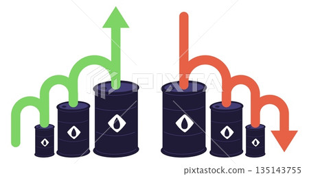 Metal barrels of oil with green and red arrows. Showing rise and fall of gasoline prices. Stock market investment. Economy growth or crisis recession. Diesel gallon trade. Vector concept 135143755