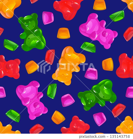 Multicolored gummy bear and chewy candy seamless pattern. Delicious snacks. Yummy confectionery. Repeated print. Animal shaped sweets. Jelly bonbon. Chewing marmalade. Vector background 135143758