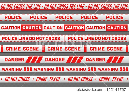 Red police warning adhesive tape. Restriction zone. Prohibited seamless cordon. Forbidden border. Accident fencing ribbons. Caution perimeter. Crime boundary. Vector set of barrier labels Red police warning adhesive tape. Restriction zone. Prohibited seamless cordon. Forbidden border. Accident fencing ribbons. Caution perimeter. Crime boundary. Vector set of barrier labels 135143767