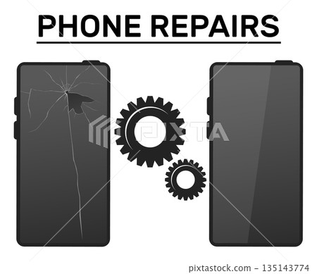 Smartphone with broken screen and repaired phone. Advertising repair workshop. Gear sign. Shattered touchscreen with fissures. Cellphone maintenance fixing service. Vector banner design 135143774
