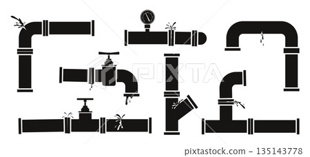 Water pipes with cracks and leaks. Piping supply system black silhouette. Broken valves and taps. Faucets and pressure gauge. Canalization junction. Tube connection parts vector set Water pipes with cracks and leaks. Piping supply system black silhouette. Broken valves and taps. Faucets and pressure gauge. Canalization junction. Tube connection parts vector set 135143778