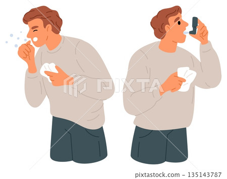 Young man uses inhaler for asthma attack. Assistance with breathing difficulties. Respiratory disease. Coughing person making inhalation. Bronchial illness treatment. Vector concept 135143787