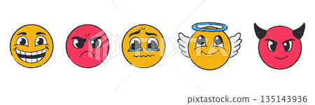 Doodle emoji set hand drawn with crayon or chalk texture. Round faces expressive emotions showing various moods. Angel, devil, angry and laughing character. Vector illustration in scribble comic style Doodle emoji set hand drawn with crayon or chalk texture. Round faces expressive emotions showing various moods. Angel, devil, angry and laughing character. Vector illustration in scribble comic style 135143936