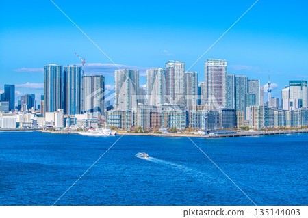 日本東京城市景觀：豐見區、晴海高樓公寓、商丸、翡翠大廈、東京晴空塔等。 135144003