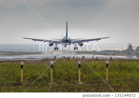 Airplane landing at airport, sea and runway lights on background, copy space, back view 135144072