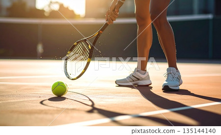 tennis scene with player shadow and a single ball resting on the court line, capturing tension, focus, anticipation, solitude, and decisive moment before serve in competitive sport 135144140
