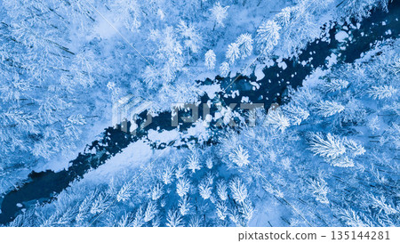 Aerial top down view of a snow covered winter forest with a frozen stream cutting through frosted pine trees. Minimal, serene winter landscape captured by drone in cold blue tones. Aerial top down view of a snow covered winter forest with a frozen stream cutting through frosted pine trees. Minimal, serene winter landscape captured by drone in cold blue tones. 135144281