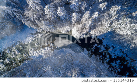 Aerial top down view of a snow covered winter forest with a frozen stream cutting through frosted pine trees. Minimal, serene winter landscape captured by drone in cold blue tones. 135144319