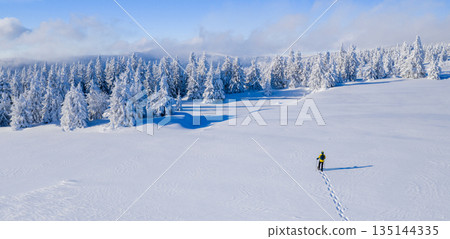Snowshoe hiker walking through a wide snow covered winter landscape with frosted evergreen trees under a clear blue sky. Peaceful alpine scenery expressing solitude, freedom, and untouched nature. Snowshoe hiker walking through a wide snow covered winter landscape with frosted evergreen trees under a clear blue sky. Peaceful alpine scenery expressing solitude, freedom, and untouched nature. 135144335