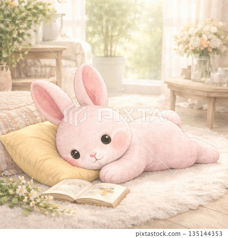 Soft Spring-Colored Rabbit and Picture Book - Generative AI Soft Spring-Colored Rabbit and Picture Book - Generative AI 135144353