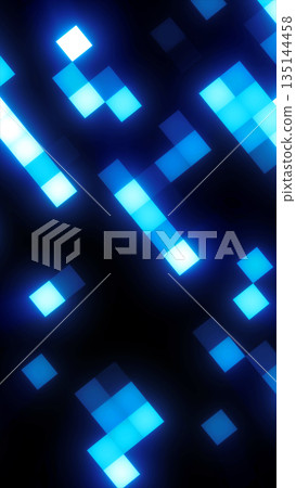 Abstract digital background with glowing blue pixel blocks floating on a dark surface 135144458
