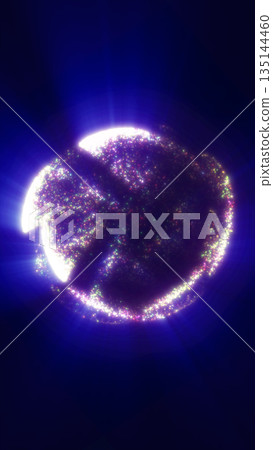 Sparkling cosmic sphere filled with colorful particles glowing in deep blue light 135144460