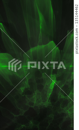 Dark abstract surface illuminated by glowing green crystalline shapes and a vivid horizontal energy beam Dark abstract surface illuminated by glowing green crystalline shapes and a vivid horizontal energy beam 135144462