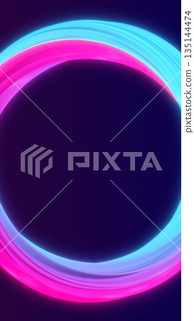 Bright neon pink and cyan ribbon loop forming a glowing ring shape against a deep dark background Bright neon pink and cyan ribbon loop forming a glowing ring shape against a deep dark background 135144474