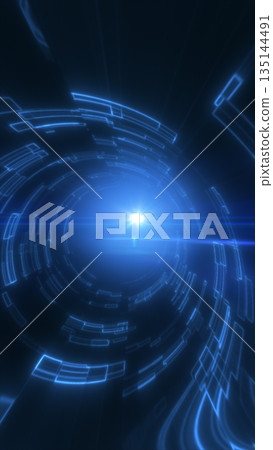 Abstract blue glowing tunnel made of digital lines and particles, representing technology, speed, and data communication Abstract blue glowing tunnel made of digital lines and particles, representing technology, speed, and data communication 135144491