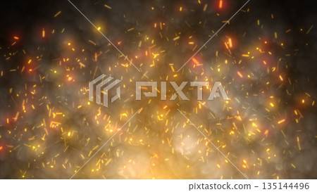Glowing embers floating in a warm golden mist, creating a dynamic fiery atmosphere Glowing embers floating in a warm golden mist, creating a dynamic fiery atmosphere 135144496