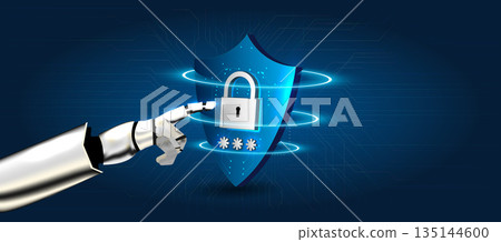 A robotic hand is extending toward a shield that features a lock symbol. The background shows digital patterns and designs related to cybersecurity. This scene focuses on protecting data. A robotic hand is extending toward a shield that features a lock symbol. The background shows digital patterns and designs related to cybersecurity. This scene focuses on protecting data. 135144600