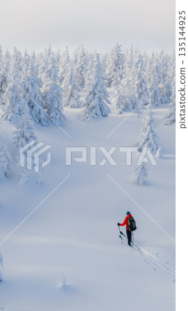 Beautiful Winter Mountain Scenery with Man on Cross-Country Skis , Aerial View 135144925