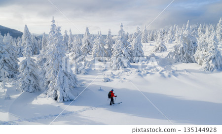 Beautiful Winter Mountain Scenery with Man on Cross-Country Skis , Aerial View Beautiful Winter Mountain Scenery with Man on Cross-Country Skis , Aerial View 135144928