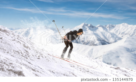 Dynamic artwork of woman skiing downhill with snow spray on slope. Dynamic artwork of woman skiing downhill with snow spray on slope. 135144970