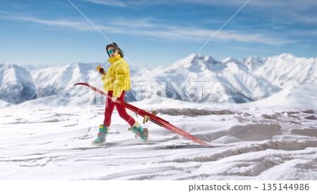 Stylish collage of woman walking with skis holding drink in mountains. Stylish collage of woman walking with skis holding drink in mountains. 135144986