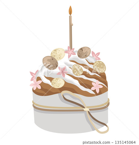 Hand-drawn Easter cake composition with bird eggs, bow and candle, Easter greeting card design Hand-drawn Easter cake composition with bird eggs, bow and candle, Easter greeting card design 135145064