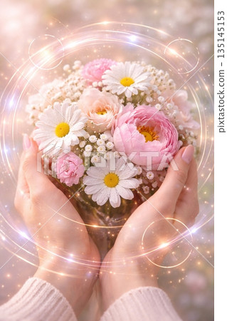 Gentle Hands Holding a Magical Garden Bouquet with Glowing Aura 135145153