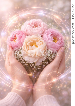 Gentle Hands Holding a Magical Garden Bouquet with Glowing Aura 135145155