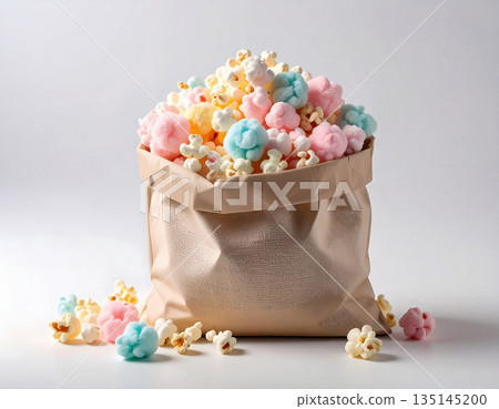 Brand friendly. Bright food for movie theaters. Popcorn and cotton candy in a paper bag. Brand friendly. Bright food for movie theaters. Popcorn and cotton candy in a paper bag. 135145200
