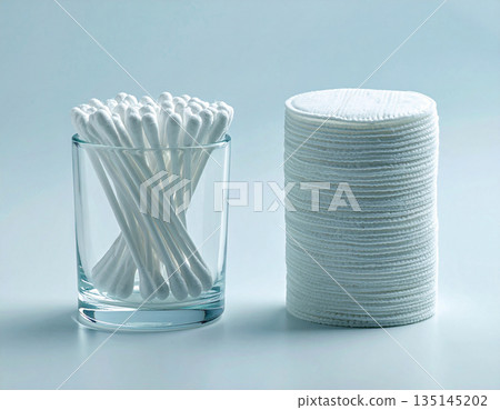 Sustainable lifestyle. White cotton swabs and reusable cotton pads neatly stacked on a white background. 135145202