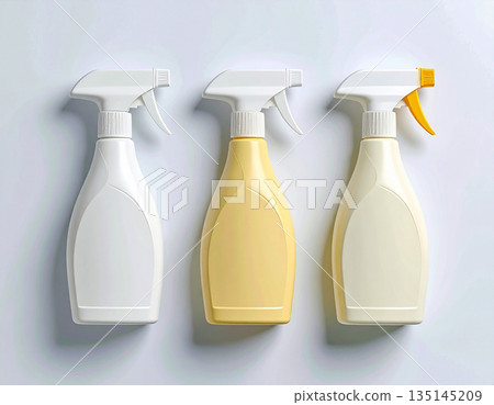 Home lifestyle appeal. Yellow sprays in a row. Disinfectant, glass cleaner, all-purpose surface cleaner. Mockup for branding cleaning product. 135145209