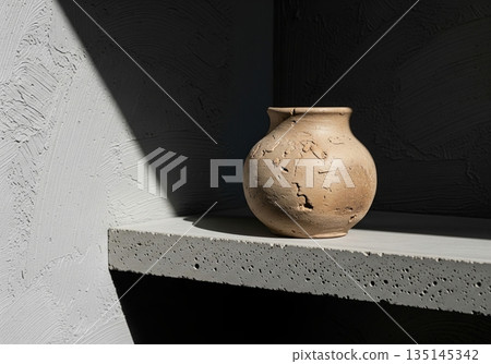 Handmade antique clay pot on a concrete shelf with dramatic sunlight and shadow play 135145342