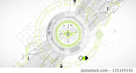 Abstract image of a computer chip in the middle of a wireframe sphere. Vector 135145530