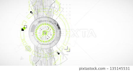 Abstract image of a computer chip in the middle of a wireframe sphere. Vector 135145531