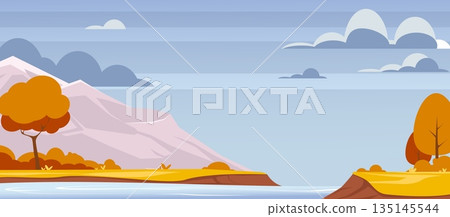 Autumn landscape with river, trees and bushes on bank and mountains. Orange foliage. Lake shore. Rock peaks and clouds. Scenic wild nature scenery. Countryside panorama. Vector background Autumn landscape with river, trees and bushes on bank and mountains. Orange foliage. Lake shore. Rock peaks and clouds. Scenic wild nature scenery. Countryside panorama. Vector background 135145544