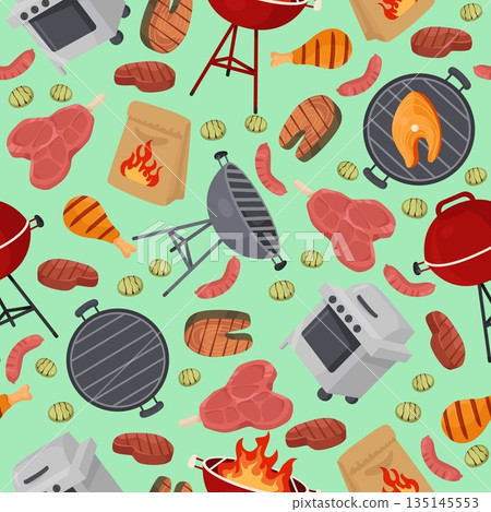 Food and picnic items. BBQ seamless pattern. meat on grill. Fish steak. Repeated print. Sausages and vegetables roasting. Beef barbecue. Rack and charcoal for barbeque. Vector background Food and picnic items. BBQ seamless pattern. meat on grill. Fish steak. Repeated print. Sausages and vegetables roasting. Beef barbecue. Rack and charcoal for barbeque. Vector background 135145553