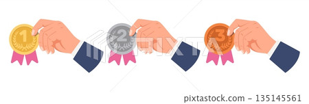 Hand holds medals for first, second and third place in competition. Awarding winners. Sport tournament. Victory ambition. Winning ceremony. Olympic championship ranking badges vector set 135145561