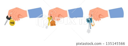 Hands holding keys to house, locker or hotel room. Human arms giving gesture. Latchkey on realtors and owners palms. Building purchase. Rental home. Safe keyring. Vector lock openers set 135145566