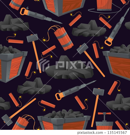 Mining tools for coal extraction. Work equipment seamless pattern. Hammer and jackhammer. Repeated print. Dynamite bomb with detonator. Wooden trolley. Pieces of coal. Vector background Mining tools for coal extraction. Work equipment seamless pattern. Hammer and jackhammer. Repeated print. Dynamite bomb with detonator. Wooden trolley. Pieces of coal. Vector background 135145567